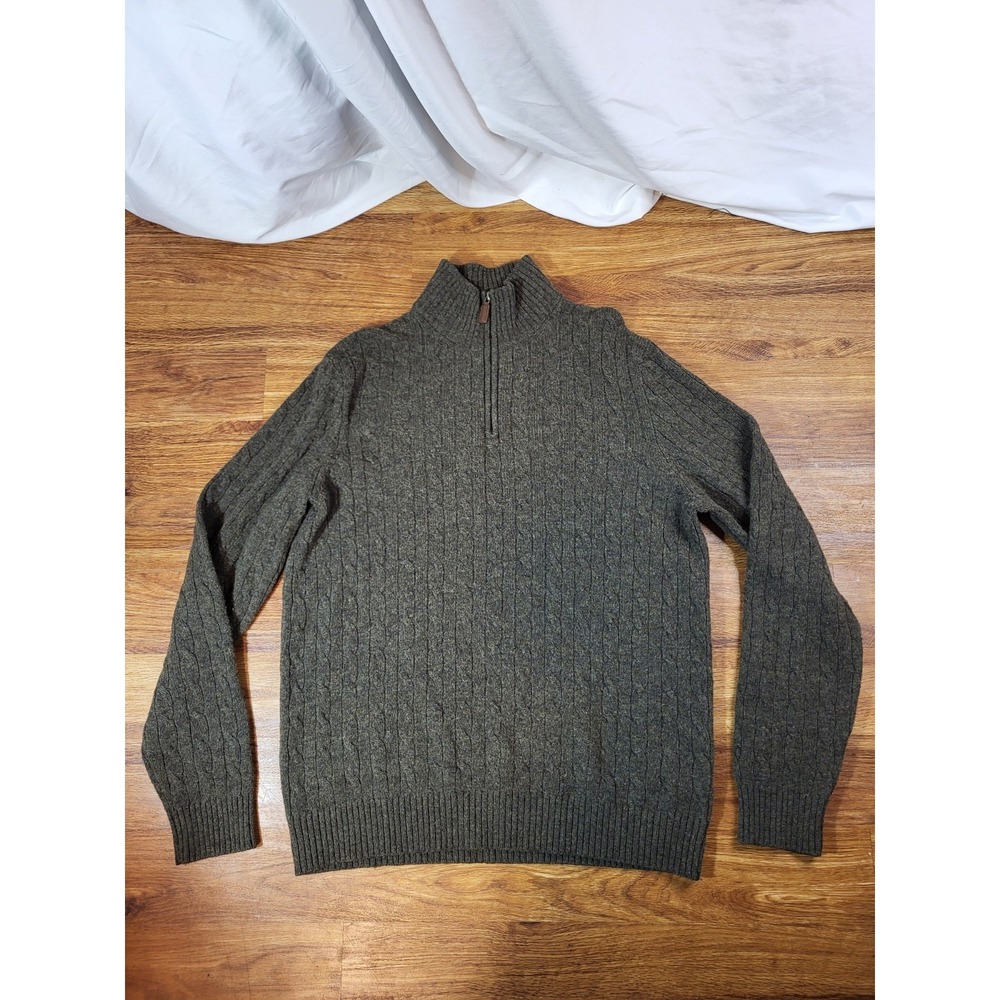J.CREW Men's L Sweater 100% Lambswool Cable Knit 1/4 Zip Brown